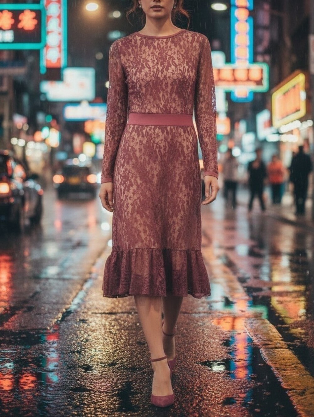 Melissa Masse Women’s Burgundy Lace Long-Sleeve Midi Dress Retro Feminine M